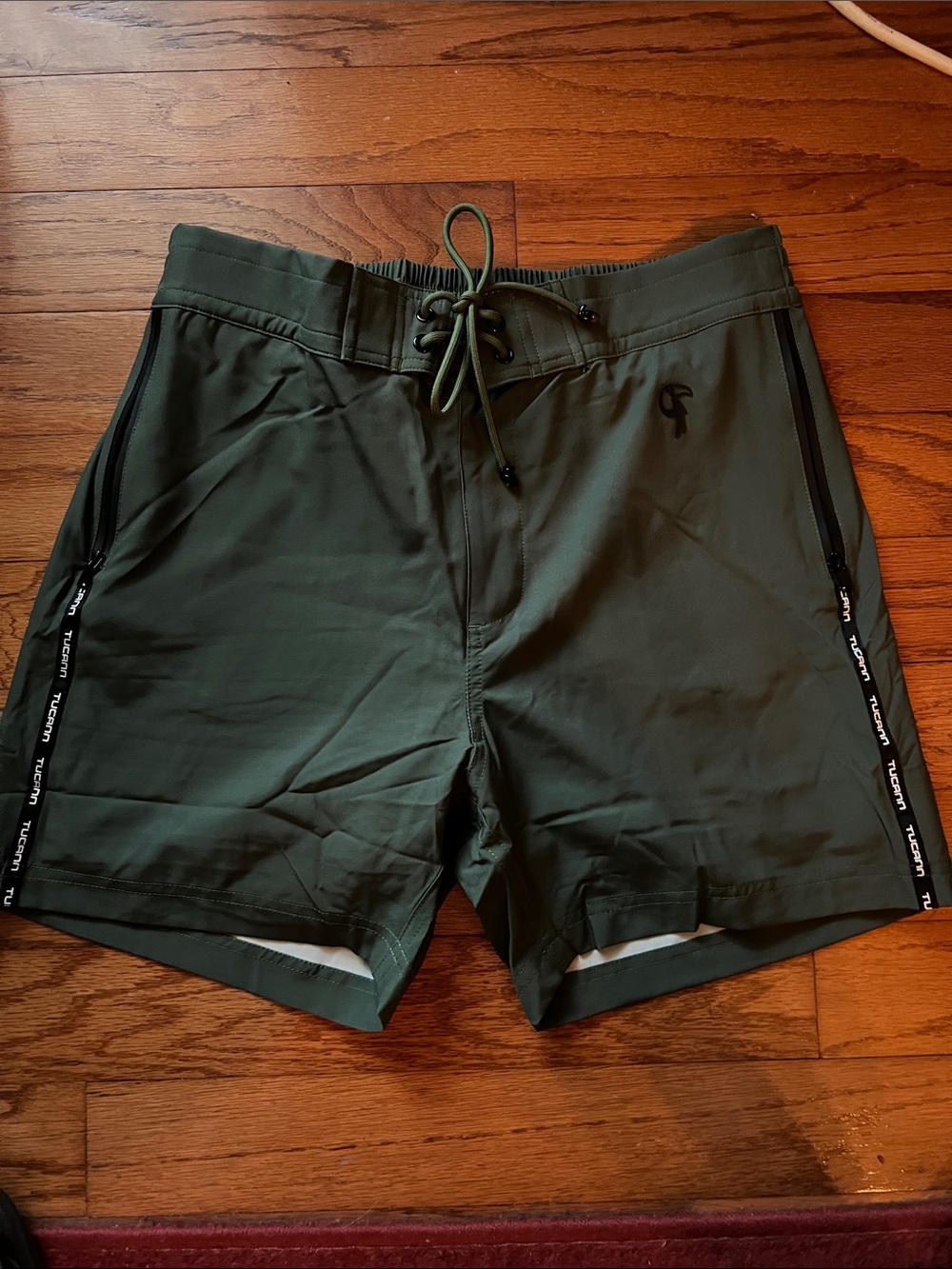 Men's khaki Green Swim Board Shorts - Performance Drawcord. 5 inch inseam